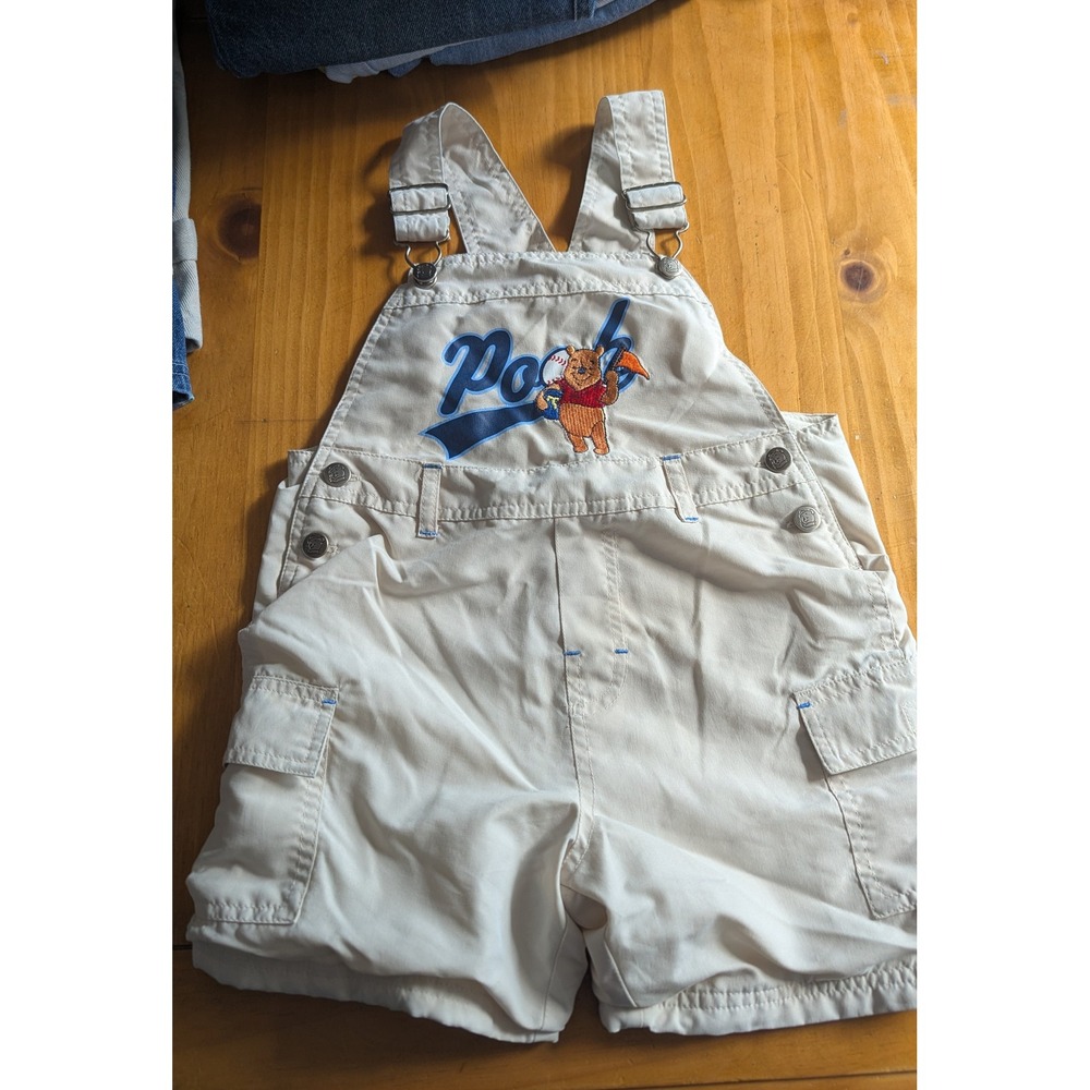 Vintage Disney Winnie the Pooh Baseball Cargo Overalls Cream Shortalls 36M